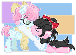 Size: 1198x863 | Tagged: safe, artist:moonlightdisney5, artist:thatonefluffs, imported from derpibooru, oc, oc:bezzie, oc:moonlight, pony, bandaid, bow, fluffy, freckles, glasses, kissing