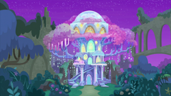 Size: 2100x1180 | Tagged: safe, imported from derpibooru, screencap, season 9, student counsel, spoiler:s09, castle of the royal pony sisters, crystal, night, no pony, ruins, scenic ponyville, treehouse of harmony