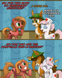 Size: 1280x1602 | Tagged: safe, artist:ruffu, imported from derpibooru, nurse redheart, oc, oc:charlie foxtrot, oc:pun, donkey, earth pony, pony, ask pun, ask, facehoof, female, male, mare, pun, stallion