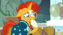 Size: 1920x1080 | Tagged: safe, imported from derpibooru, screencap, sunburst, pony, unicorn, student counsel, balloon, cute, hoof in mouth, male, pain, solo, sunbetes, table