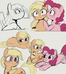 Size: 989x1097 | Tagged: safe, artist:manachaaaaaaaa, imported from derpibooru, applejack, pinkie pie, earth pony, pony, applepie, blushing, cheek kiss, cute, diapinkes, female, jackabetes, kiss on the cheek, kissing, lesbian, love, mare, open mouth, prone, shipping, simple background, smiling