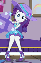 Size: 428x653 | Tagged: safe, imported from derpibooru, screencap, rarity, camping must-haves, equestria girls, equestria girls series, spoiler:eqg series (season 2), :o, clothes, cropped, cute, female, geode of shielding, hat, high heels, legs, looking at you, magical geodes, open mouth, pencil skirt, pillow, raribetes, rarity peplum dress, rarity's bedroom, sexy, shoes, sitting, skirt, solo