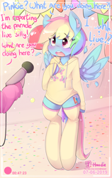 Size: 1700x2689 | Tagged: safe, artist:hoodie, imported from derpibooru, pinkie pie, rainbow dash, pegasus, semi-anthro, blushing, care mare, clothes, cute, daaaaaaaaaaaw, dashabetes, hnnng, hoodie, implied flutterdash, implied lesbian, implied shipping, microphone, parade, pride, socks, solo focus, thigh highs