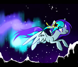 Size: 1280x1088 | Tagged: safe, artist:anyazen, artist:bonpikabon, imported from derpibooru, oc, oc only, oc:frozy, pegasus, pony, aurora borealis, female, flying, male, mare, mountain, night, night sky, sky, snow, solo, spread wings, stars, wings