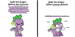 Size: 1024x512 | Tagged: safe, artist:tarkan809, idw, imported from derpibooru, spike, dragon, equestria girls, spoiler:comic, spoiler:comic78, before and after, behaving like a dog, bone, pixel art, quadrupedal spike, side effects, simple background, solo, transparent background, unexpected