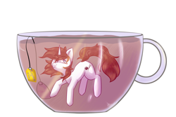 Size: 2608x1740 | Tagged: safe, artist:miha, imported from derpibooru, oc, oc only, oc:flower star, pony, unicorn, brown mane, cup, cup of pony, drink, female, flower tea, food, glass, mare, micro, peaceful, simple background, solo, sushi, swimming, tea, white background, white coat, ych result, zen