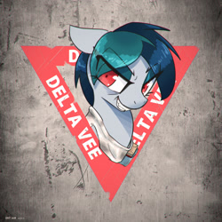 Size: 1920x1920 | Tagged: safe, artist:satv12, imported from derpibooru, oc, oc only, oc:delta vee, pony, bust, chromatic aberration, shrunken pupils, simple background, solo, text, toothy grin