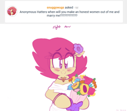 Size: 2582x2266 | Tagged: safe, artist:hattsy, deleted from derpibooru, imported from derpibooru, oc, oc only, oc:lotus bud, earth pony, pony, ask, blushing, bouquet, bracelet, clothes, crossdressing, dialogue, dress, flower, gay, heart eyes, jewelry, looking at you, male, necklace, simple background, smiling, solo, stallion, wedding dress, white background, wingding eyes