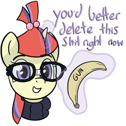 Size: 2840x2835 | Tagged: safe, artist:czu, imported from derpibooru, moondancer, pony, unicorn, banana, delet this, female, food, glasses, magic, mare, reaction image, simple background, solo, text, vulgar, white background