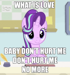 Size: 452x480 | Tagged: safe, edit, edited screencap, imported from derpibooru, screencap, starlight glimmer, pony, unicorn, starlight the hypnotist, spoiler:interseason shorts, animated, caption, cropped, cute, female, gif, glimmerbetes, haddaway, hair flip, hair over one eye, headbob, image macro, loop, mare, meme, nodding, saturday night live, solo, song reference, text, what is love