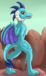 Size: 1217x2000 | Tagged: safe, artist:orangejuicerus, imported from derpibooru, princess ember, dragon, canyon, dragoness, female, hand on hip, looking at you, looking back, looking back at you, open mouth, princess embutt, solo, wings