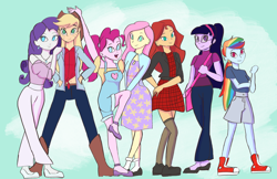 Size: 3400x2200 | Tagged: dead source, safe, artist:pettypop, imported from derpibooru, applejack, fluttershy, pinkie pie, rainbow dash, rarity, sci-twi, sunset shimmer, twilight sparkle, equestria girls, clothes, converse, dress, fashion, glasses, humane five, humane seven, humane six, pants, shoes, skirt, socks, thigh highs