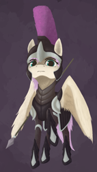 Size: 2100x3700 | Tagged: safe, artist:phi, imported from derpibooru, oc, oc only, oc:violet dawn, pegasus, pony, equestria at war mod, armor, clothes, dark background, female, greek, greek clothes, greek helmet, guardsmare, helmet, mare, not fluttershy, royal guard, simple background, solo, spear, weapon