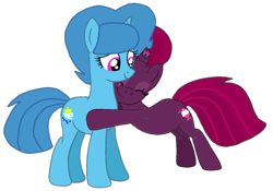 Size: 1219x855 | Tagged: safe, artist:徐詩珮, imported from derpibooru, fizzlepop berrytwist, spring rain, tempest shadow, pony, unicorn, base used, broken horn, female, horn, hug, lesbian, mare, shipping, simple background, springshadow, transparent background
