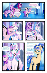 Size: 2301x3549 | Tagged: safe, artist:darlyjay, imported from derpibooru, princess cadance, princess flurry heart, twilight sparkle, oc, oc:atlas, oc:starfall sparkle, oc:sterling sentry, alicorn, pegasus, pony, unicorn, comic:save the harmony, comic, crystal empire, female, filly, glasses, magic, mare, offspring, older, parent:flash sentry, parent:twilight sparkle, parents:flashlight, sisters-in-law, twilight sparkle (alicorn)