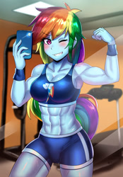 Size: 800x1148 | Tagged: safe, artist:tzc, imported from derpibooru, rainbow dash, equestria girls, abs, anime, armpits, breasts, busty rainbow dash, clothes, commission, female, fetish, gym, midriff, muscle fetish, muscles, muscular female, one eye closed, rainbuff dash, selfie, solo, sports bra, sweat, wink, workout outfit