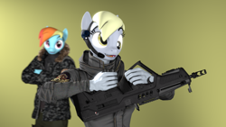 Size: 1920x1080 | Tagged: safe, artist:spinostud, imported from derpibooru, derpy hooves, rainbow dash, anthro, 3d, bullpup rifle, clothes, female, gun, mare, source filmmaker, tar21, weapon, you're doing it wrong