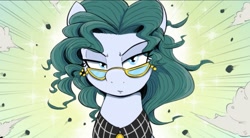 Size: 901x498 | Tagged: safe, artist:shoutingisfun, edit, imported from derpibooru, cloudy quartz, earth pony, pony, bust, cropped, eye clipping through hair, eyes half closed, female, glare, glasses, lidded eyes, loose hair, mane down, mare, milf, portrait, sexy, solo, stupid sexy cloudy quartz