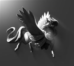 Size: 1280x1147 | Tagged: safe, artist:eerinless, imported from derpibooru, oc, oc only, pegasus, pony, flying, monochrome, simple background, solo