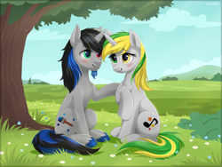 Size: 1200x900 | Tagged: safe, artist:scheadar, imported from derpibooru, oc, pony, grass, heterochromia, tree