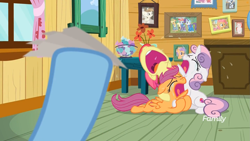 Size: 1745x982 | Tagged: safe, imported from derpibooru, screencap, apple bloom, applejack, babs seed, featherweight, rainbow dash, rarity, scootaloo, sweetie belle, tender taps, earth pony, pegasus, pony, unicorn, the last crusade, bowl, candy, clubhouse, crusaders clubhouse, crying, curtains, cutie mark crusaders, discovery family logo, flower, food, picture, picture frame, ticket, window