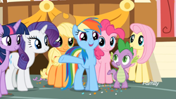 Size: 1745x982 | Tagged: safe, imported from derpibooru, screencap, applejack, fluttershy, pinkie pie, rainbow dash, rarity, spike, twilight sparkle, alicorn, dragon, earth pony, pegasus, pony, unicorn, the last crusade, cute, dashabetes, discovery family logo, mane six, ponyville town hall, town hall, twilight sparkle (alicorn)