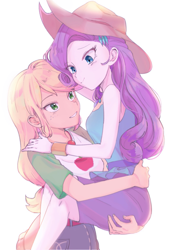 Size: 827x1224 | Tagged: safe, artist:yakieringi014, imported from derpibooru, applejack, rarity, equestria girls, anime, clothes, cute, daaaaaaaaaaaw, female, holding, jackabetes, lesbian, pretty, raribetes, rarijack, shipping, shirt, simple background, skirt, white background