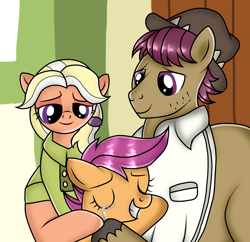 Size: 2889x2794 | Tagged: safe, artist:doraeartdreams-aspy, imported from derpibooru, mane allgood, scootaloo, snap shutter, earth pony, pegasus, pony, the last crusade, clothes, crying, eyes closed, family, father and daughter, female, filly, hat, hug, like father like daughter, like mother like daughter, male, maneshutter, mare, mother and daughter, shipping, shirt, stallion, straight, tears of joy, unshorn fetlocks