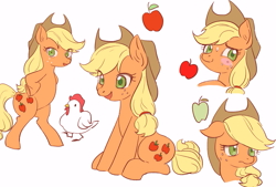 Size: 1049x709 | Tagged: safe, artist:yakieringi014, imported from derpibooru, applejack, bird, chicken, earth pony, pony, apple, blushing, female, food, mare, simple background, white background