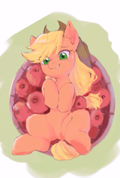 Size: 709x1049 | Tagged: safe, artist:yakieringi014, imported from derpibooru, applejack, earth pony, pony, apple, cute, female, food, jackabetes, mare, on back, solo, that pony sure does love apples