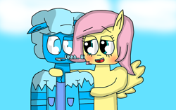 Size: 1270x800 | Tagged: safe, artist:gamerrobloxian1195, imported from derpibooru, fluttershy, oc, oc:coolrobloxian, pegasus, pony, semi-anthro, bipedal, crossover, non-mlp oc, roblox