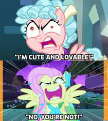 Size: 1280x1440 | Tagged: safe, edit, edited screencap, imported from derpibooru, screencap, cozy glow, fluttershy, pegasus, pony, frenemies (episode), school raze, the best night ever, caption, cozy glow is best facemaker, cozybuse, crazy glow, faic, female, filly, flutterrage, insanity, you're going to love me