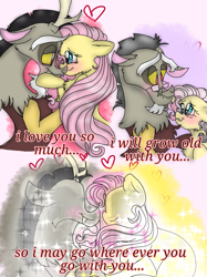 Size: 899x1200 | Tagged: safe, artist:cocolove2176, imported from derpibooru, discord, fluttershy, draconequus, pegasus, pony, discoshy, female, male, shipping, straight, text