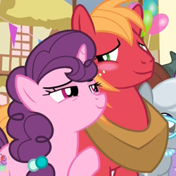 Size: 1080x1080 | Tagged: safe, imported from derpibooru, screencap, big macintosh, silver spoon, sugar belle, yona, earth pony, pony, unicorn, the last crusade, blushing, cropped, eye contact, female, hoof on shoulder, looking at each other, male, mare, shipping, stallion, straight, sugarmac