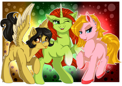 Size: 1920x1358 | Tagged: safe, artist:julunis14, imported from derpibooru, earth pony, pegasus, pony, unicorn, alex (totally spies), clover (totally spies), freckles, one eye closed, piercing, ponified, sam (totally spies), tongue out, totally spies, wink