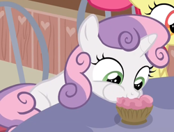 Size: 924x703 | Tagged: safe, imported from derpibooru, screencap, apple bloom, sweetie belle, pony, the last crusade, cupcake, cute, diasweetes, food, solo focus