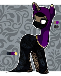 Size: 1096x1350 | Tagged: safe, artist:anyazen, artist:bonpikabon, imported from derpibooru, oc, oc only, oc:frankincense, pony, unicorn, clothes, dress, eyebrow piercing, eyeshadow, female, goth, hijab, islam, makeup, mare, piercing, reference sheet, religion, solo, stockings, thigh highs