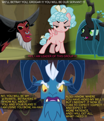 Size: 1200x1400 | Tagged: safe, edit, edited screencap, imported from derpibooru, screencap, cozy glow, grogar, lord tirek, queen chrysalis, centaur, changeling, changeling queen, pegasus, pony, frenemies (episode), cozy glow is not amused, female, filly, foal