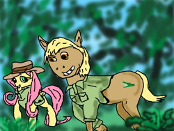 Size: 1280x960 | Tagged: safe, artist:kaykeyser, imported from derpibooru, fluttershy, earth pony, pegasus, pony, clothes, hat, ponified, smiling, steve irwin