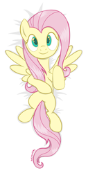 Size: 819x1618 | Tagged: safe, artist:livehotsun, imported from derpibooru, fluttershy, pegasus, pony, body pillow, body pillow design, cute, female, looking at you, mare, on back, shyabetes, smiling, solo, spread wings, wings