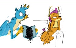 Size: 1200x761 | Tagged: safe, artist:alumx, imported from derpibooru, gallus, smolder, griffon, student counsel, angry, book, burned, gallus' book, idgaf, scene interpretation, smug, smugder