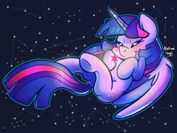 Size: 1200x900 | Tagged: safe, artist:talimingi, imported from derpibooru, twilight sparkle, alicorn, pony, blushing, constellation, cute, cutie mark, eyes closed, female, signature, smiling, solo, space, starry backdrop, twiabetes, twilight sparkle (alicorn)