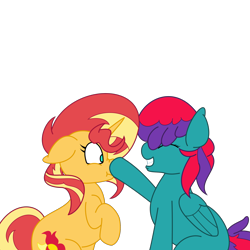 Size: 2000x2000 | Tagged: safe, artist:solardoodles, deleted from derpibooru, imported from derpibooru, sunset shimmer, oc, oc:fluffy bee, pegasus, pony, unicorn, boop, scrunchy face, simple background, transparent background