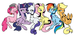 Size: 1500x751 | Tagged: safe, artist:anyazen, artist:bonpikabon, artist:icey-wicey-1517, artist:icicle-wicicle-1517, color edit, edit, imported from derpibooru, applejack, fluttershy, pinkie pie, rainbow dash, rarity, twilight sparkle, alicorn, earth pony, pegasus, pony, unicorn, alternate hairstyle, anklet, beanie, bedroom eyes, butt, choker, collaboration, colored, dyed mane, ear piercing, earring, eye clipping through hair, eyebrow piercing, female, goth, hair dye, hat, horn, horn ring, jewelry, mane six, mare, missing cutie mark, piercing, plot, simple background, tongue out, tongue piercing, transparent background, twilight sparkle (alicorn), wristband