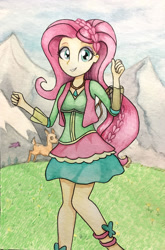 Size: 900x1363 | Tagged: safe, artist:astevenamedwolf, imported from derpibooru, fluttershy, deer, equestria girls, mountain, mountain range, traditional art