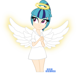 Size: 1102x1039 | Tagged: safe, artist:anime-equestria, imported from derpibooru, sonata dusk, human, equestria girls, angel, beautiful, clothes, eyeshadow, female, glow, glowing, halo, human coloration, humanized, makeup, miniskirt, ponytail, simple background, skirt, smiling, solo, transparent background, vector, wings