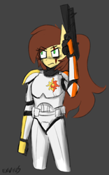 Size: 900x1441 | Tagged: safe, artist:exvius, imported from derpibooru, oc, oc only, oc:mighty cola, anthro, armor, blaster, clone trooper, colored sketch, energy weapon, scar, solo, sunset shimmer cutie mark, weapon