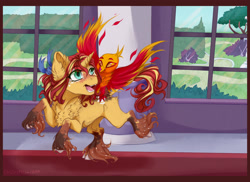 Size: 1280x931 | Tagged: safe, artist:castaspellliana, imported from derpibooru, philomena, sunset shimmer, classical unicorn, phoenix, pony, unicorn, cloven hooves, duo, female, filly, leonine tail, riding, signature, unshorn fetlocks, younger