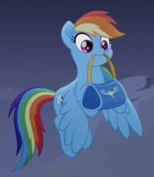 Size: 480x550 | Tagged: safe, imported from derpibooru, screencap, rainbow dash, pegasus, pony, rainbow roadtrip, bag, cropped, cute, dashabetes, female, mare, mouth hold, night, solo