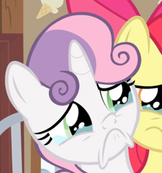 Size: 630x671 | Tagged: safe, imported from derpibooru, screencap, apple bloom, sweetie belle, pony, the last crusade, :c, cropped, frown, sad, teary eyes